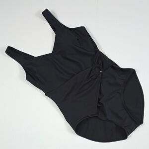 Krista Women's Black One Piece Swimsuit V Neck Mid Back Side Circle Pull Size 14
